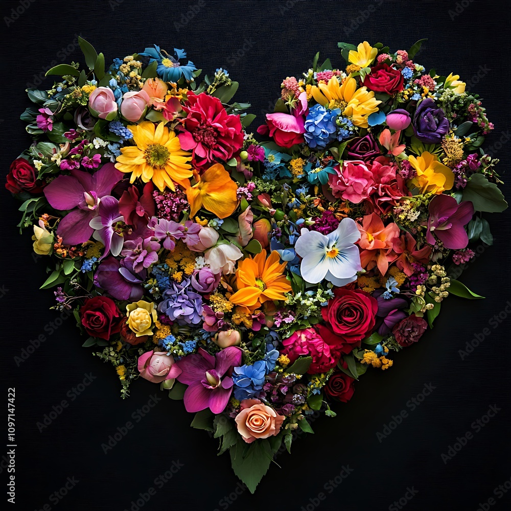 Elegant heart shape surrounded colorful beautiful flowers photos Elegant heart shape surrounded colorful beautiful flowers photos