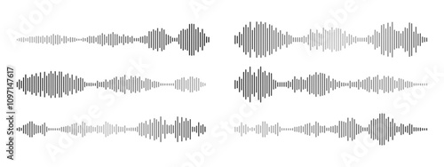 Sound waves of voice audio message recordings, . Podcast sound wave for online audio broadcasting. Vector set of music symbols, for music player and voice messages