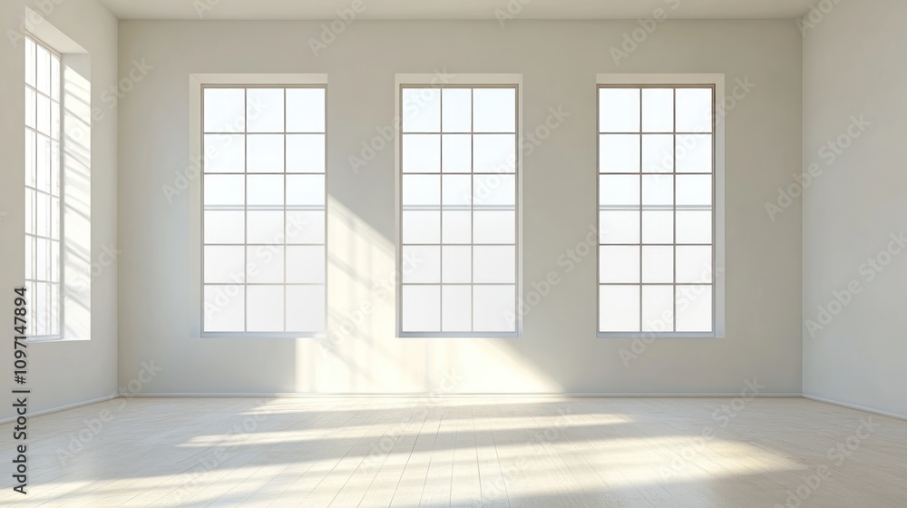 A bright, minimalist room with large windows allowing natural light to fill the space. A bright, minimalist room with large windows allowing natural light to fill the space.
