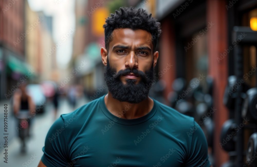 Obraz premium Stylish bearded man stands urban street. Confident male model wears dark shirt. Person poses for portrait. Fashionable individual. Masculine intense look.