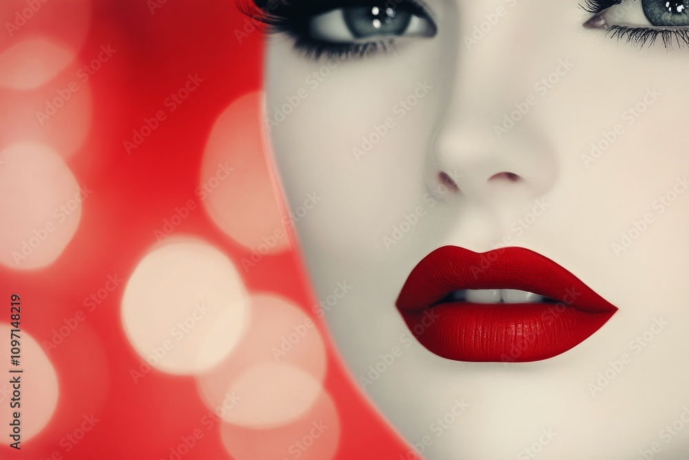 Close up of a mannequins lips with bright red lipstick against a blurred blue background Close up of a mannequins lips with bright red lipstick against a blurred blue background