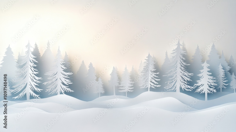 Fototapeta premium This representation of a serene winter forest features delicate white paper silhouettes creating a tranquil atmosphere at twilight. Generative AI