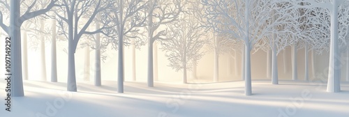 Serene winter forest features intricate white paper silhouettes of trees, casting shadows in gentle, diffused light. Generative AI