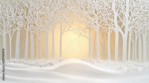 White paper silhouettes create a calming winter forest with bare trees and gentle hills, illuminated by warm light in the background. Generative AI