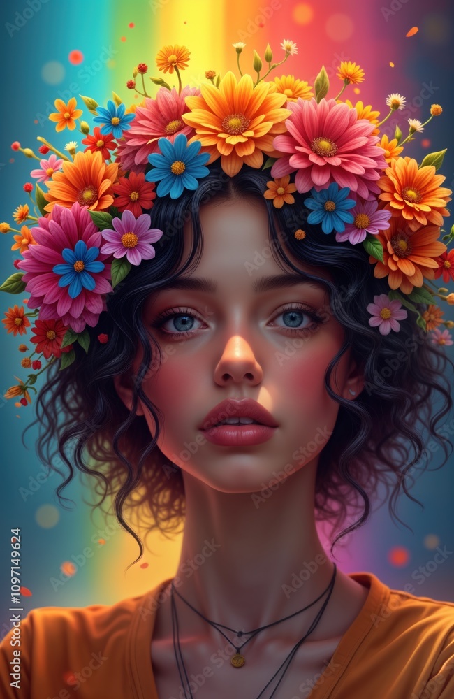 Woman portrait. Face beauty. Girl with flower crown. Rainbow light background. Pride theme. Floral hairstyle. Generative AI art. Colorful illustration. Diversity concept. Young woman model. Bright Woman portrait. Face beauty. Girl with flower crown. Rainbow light background. Pride theme. Floral hairstyle. Generative AI art. Colorful illustration. Diversity concept. Young woman model. Bright