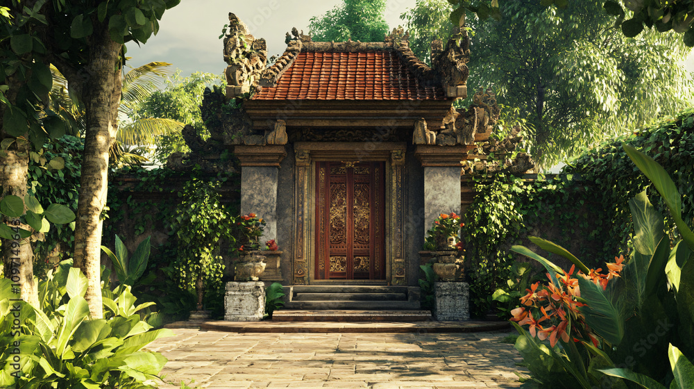 Traditional balinese gate is enveloped by lush tropical greenery, evoking a tranquil and welcoming ambiance Traditional balinese gate is enveloped by lush tropical greenery, evoking a tranquil and welcoming ambiance