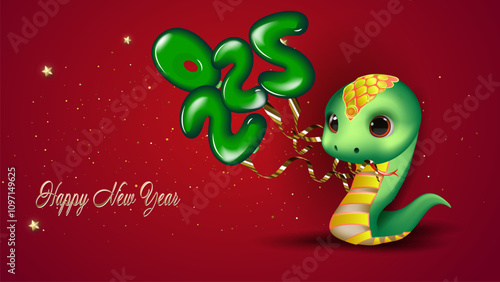 WebCute cartoon snake on red glamorous background and balloons 2025. Designer template for postcard, banner, poster, etc. 
