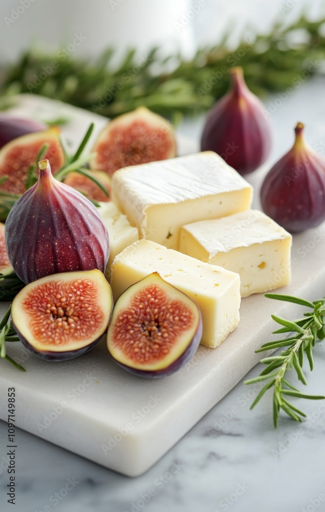 Cheese and figs arranged beautifully on a wooden cutting board with herbs Cheese and figs arranged beautifully on a wooden cutting board with herbs