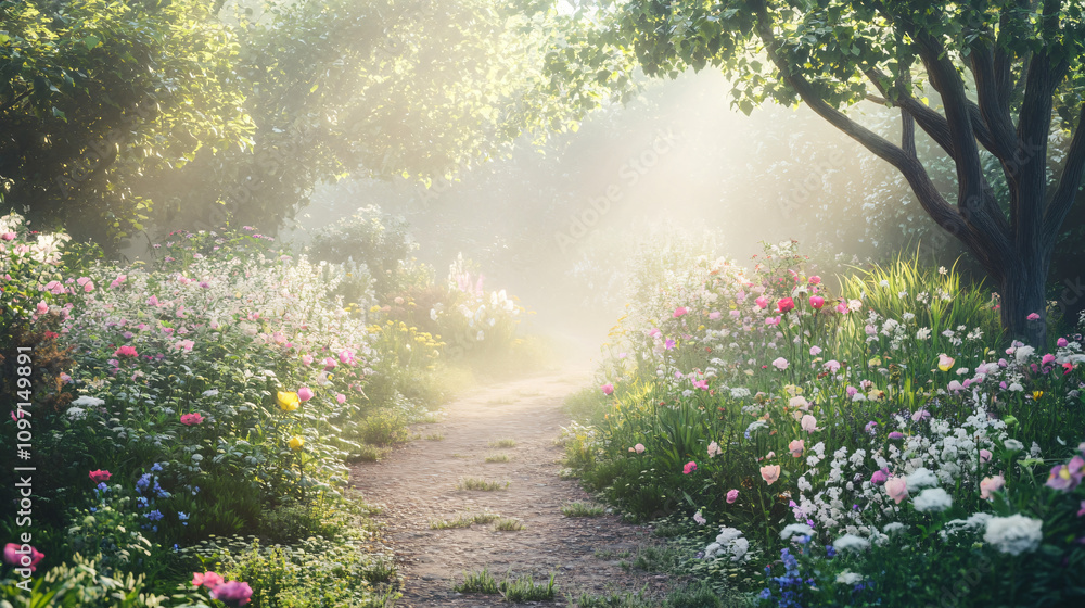 Fototapeta premium Winding gravel path through a vibrant garden, filled with blooming flowers and bathed in morning sunlight filtering through the fog