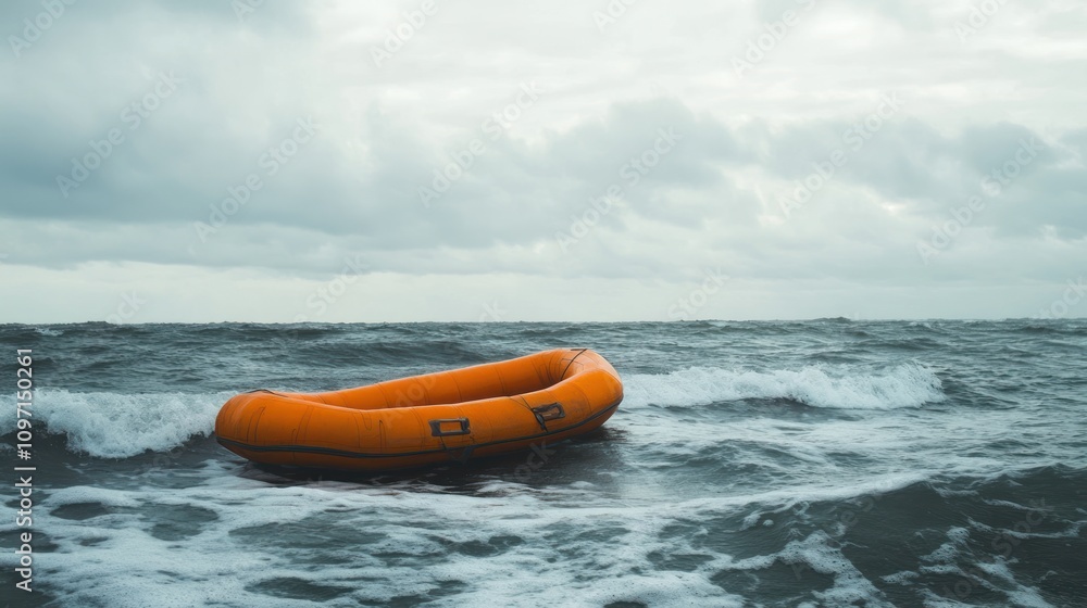A small orange inflatable boat bobs in the rough choppy sea against a backdrop of grey cloudy skies. A small orange inflatable boat bobs in the rough choppy sea against a backdrop of grey cloudy skies.