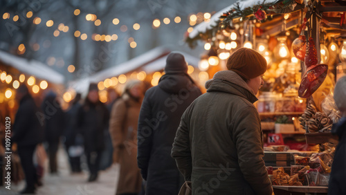 A lively winter market with stalls selling holiday goods, food, and decorations. 