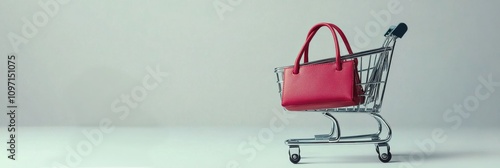 Red handbag in shopping cart on light background showcases modern retail trends photo