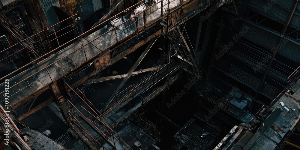 Top view of an industrial plant or factory room interior, nobody Top view of an industrial plant or factory room interior, nobody
