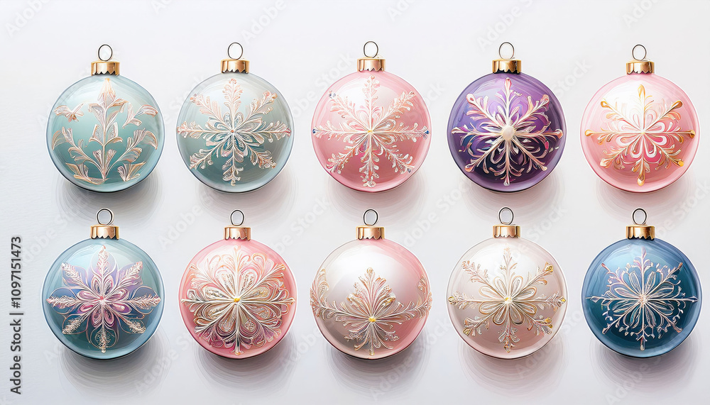A collection of beautifully painted baubles in soft pastel tones, each adorned with intricate snowflake designs, creating a delicate and festive display perfect for holiday decor.
A collection of beautifully painted baubles in soft pastel tones, each adorned with intricate snowflake designs, creating a delicate and festive display perfect for holiday decor.