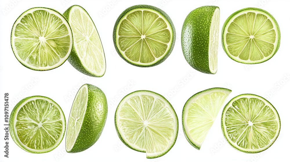 Lime. Fresh fruit isolated on white background. Slice, piece, quarter; part, segment, section. Collection Lime. Fresh fruit isolated on white background. Slice, piece, quarter; part, segment, section. Collection