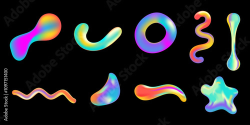 Set of colorful 3D fluid shapes with holographic gradient effect. Abstract liquid spherical forms isolated on black background, Trendy banner or poster design. Vector art.