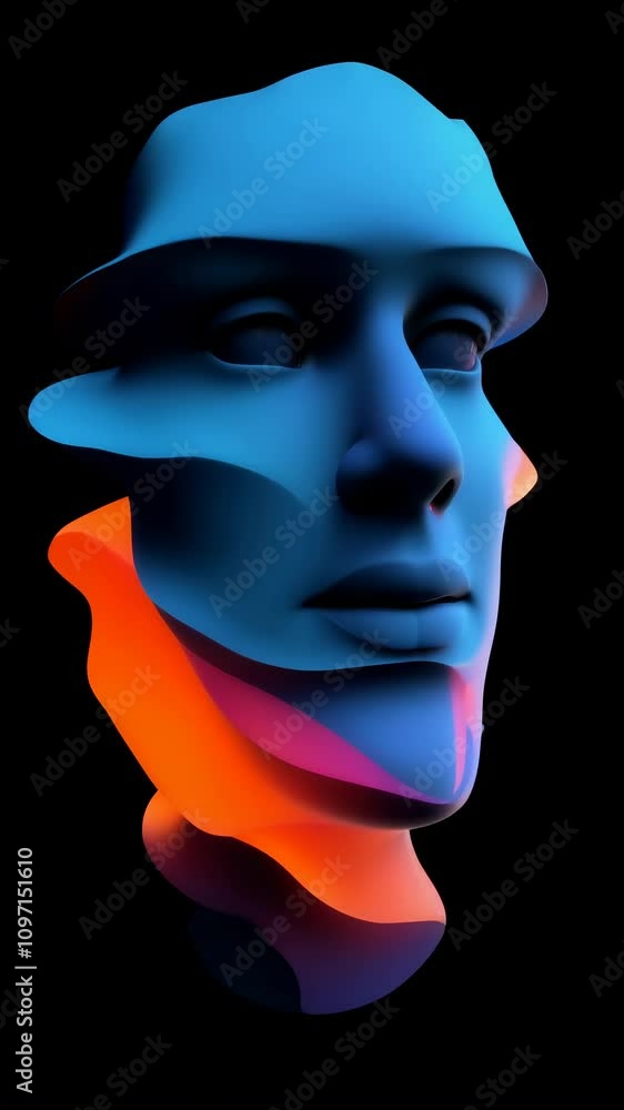 Vibrant abstract human face video, with layered fluid shapes in bold blue, orange, pink, and purple gradients on a sleek black background. Vibrant abstract human face video, with layered fluid shapes in bold blue, orange, pink, and purple gradients on a sleek black background.