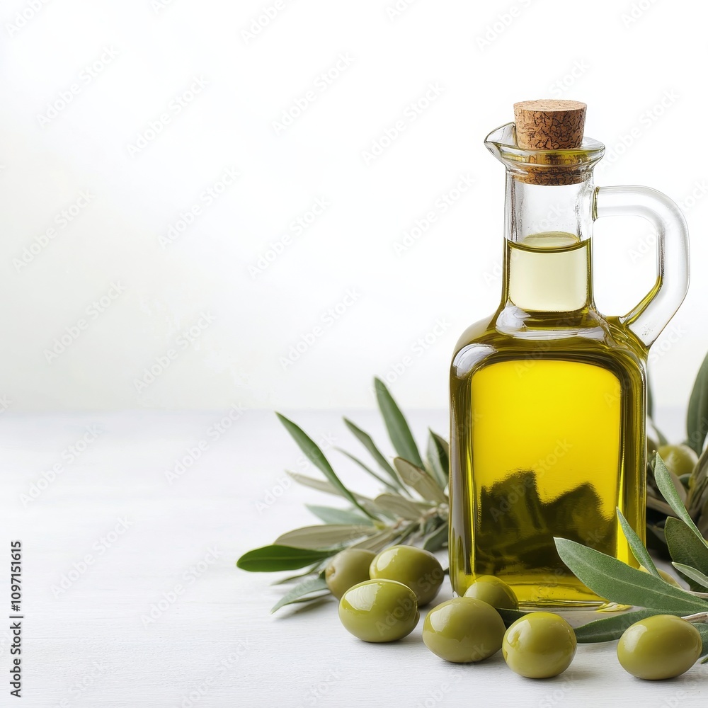 Olive oil bottle on a table with fresh olives and olive leaves in a minimal setting Olive oil bottle on a table with fresh olives and olive leaves in a minimal setting