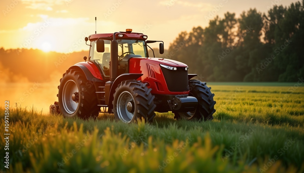Red tractor works in field at sunset. Agricultural vehicle cultivates land. Farming machinery moves on farmland. Modern farming technology. Rural landscape at golden hour. Red tractor works in field at sunset. Agricultural vehicle cultivates land. Farming machinery moves on farmland. Modern farming technology. Rural landscape at golden hour.
