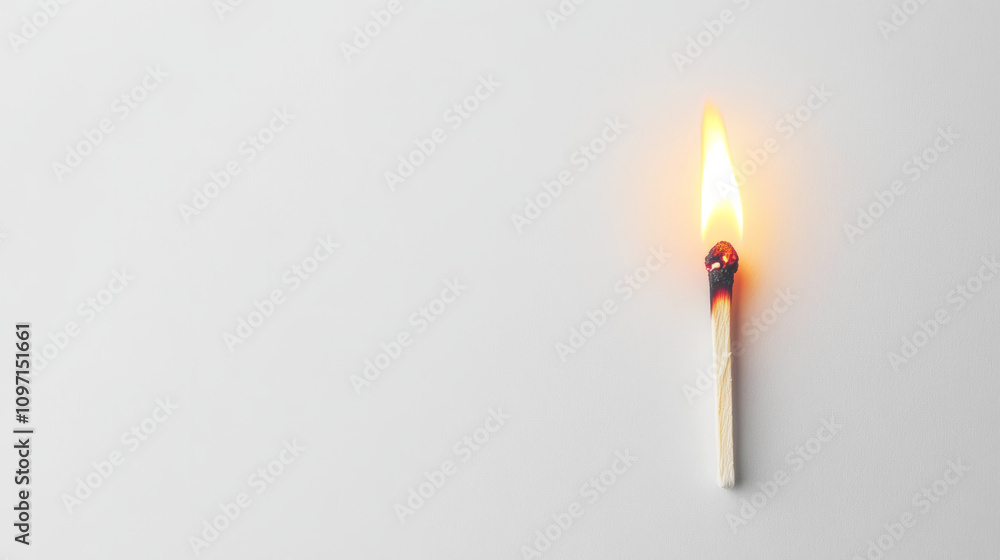 Lit Match With Flame on White Background