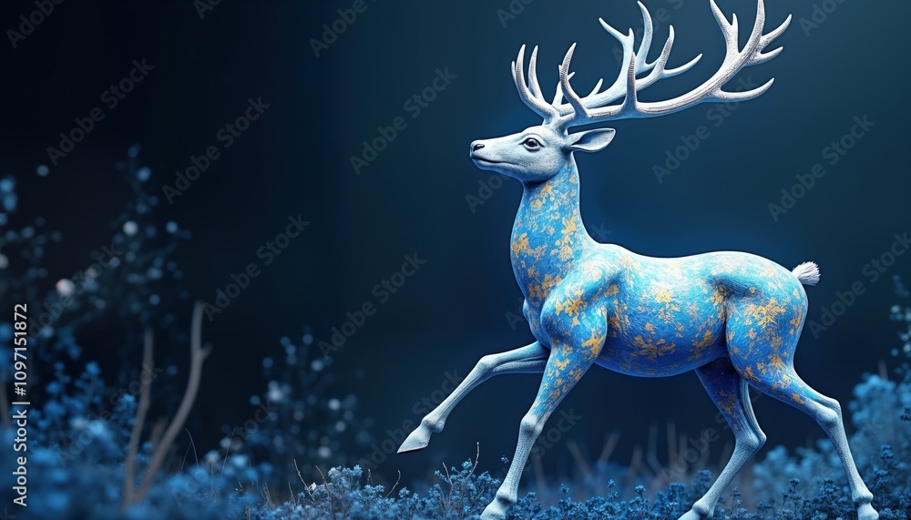 Blue deer with large antlers walks winter field. Floral pattern decorates deer. Calm winter scene. Ornate animal art. Christmas card design. Nature illustration. Blue deer with large antlers walks winter field. Floral pattern decorates deer. Calm winter scene. Ornate animal art. Christmas card design. Nature illustration.