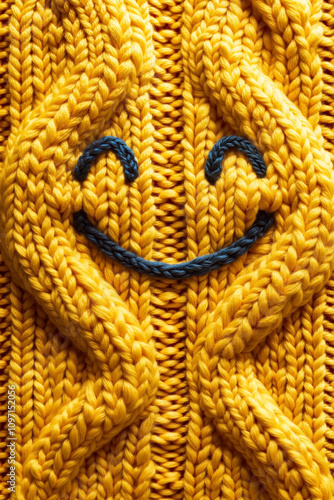 A close up of a yellow knitted sweater with a smiley face