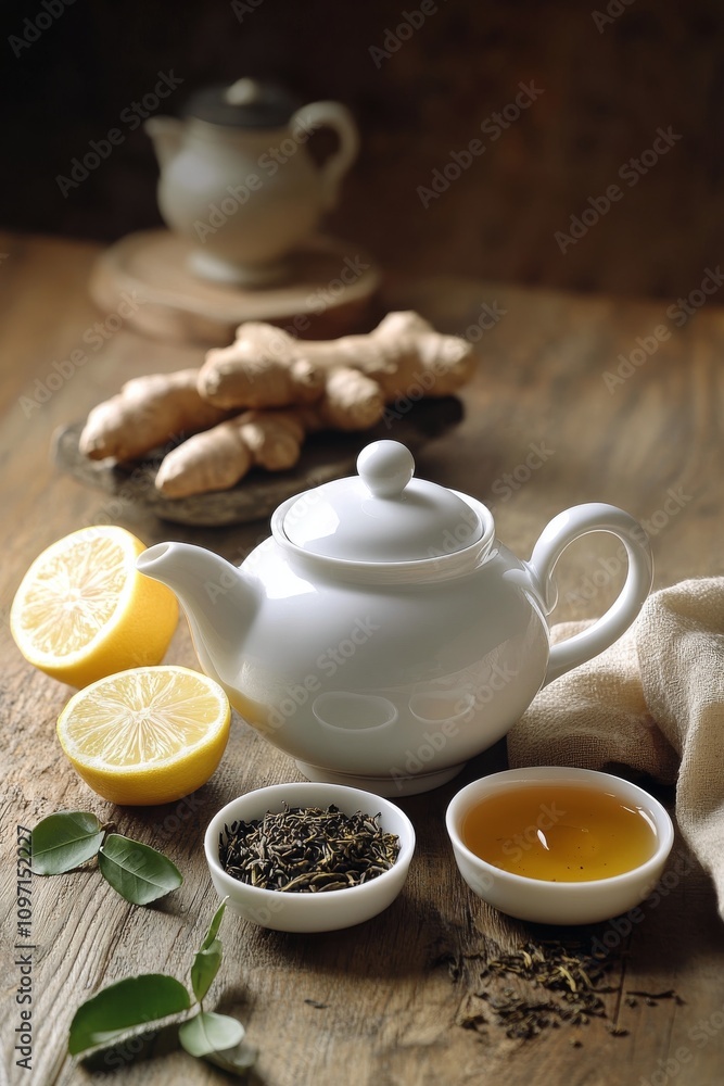 Enjoying a warm tea moment with ginger, lemon, and honey in a cozy kitchen setting Enjoying a warm tea moment with ginger, lemon, and honey in a cozy kitchen setting