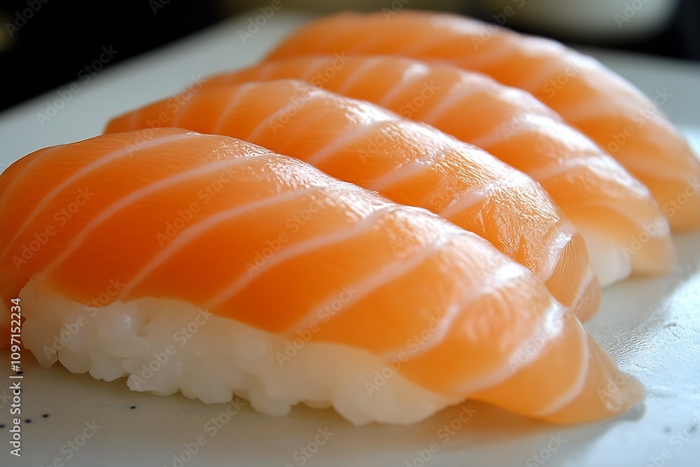 Closeup of Fresh Salmon Nigiri Sushi on a White Plate with Perfectly Cooked Rice : Generative AI Closeup of Fresh Salmon Nigiri Sushi on a White Plate with Perfectly Cooked Rice : Generative AI