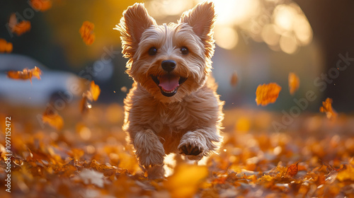 Energetic Dog Running with Autumn Leaves in the Air