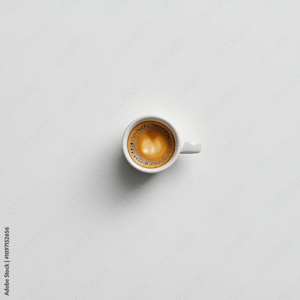 Rich coffee in a black cup against a minimalistic white background in the morning light Rich coffee in a black cup against a minimalistic white background in the morning light