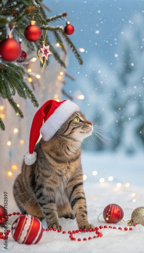 Holiday Cat Wearing a Christmas Hat Near Festive Decorations in Snowy Landscape. Generative AI Holiday Cat Wearing a Christmas Hat Near Festive Decorations in Snowy Landscape. Generative AI