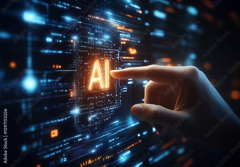 Futuristic Technology AI Concept with Digital Interface and Hand Interaction : Generative AI Futuristic Technology AI Concept with Digital Interface and Hand Interaction : Generative AI