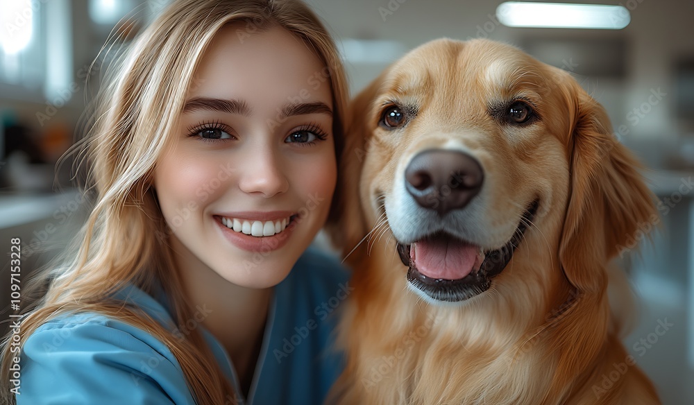 Cheerful Woman and Golden Retriever Bonding in Veterinary Clinic : Generative AI Cheerful Woman and Golden Retriever Bonding in Veterinary Clinic : Generative AI