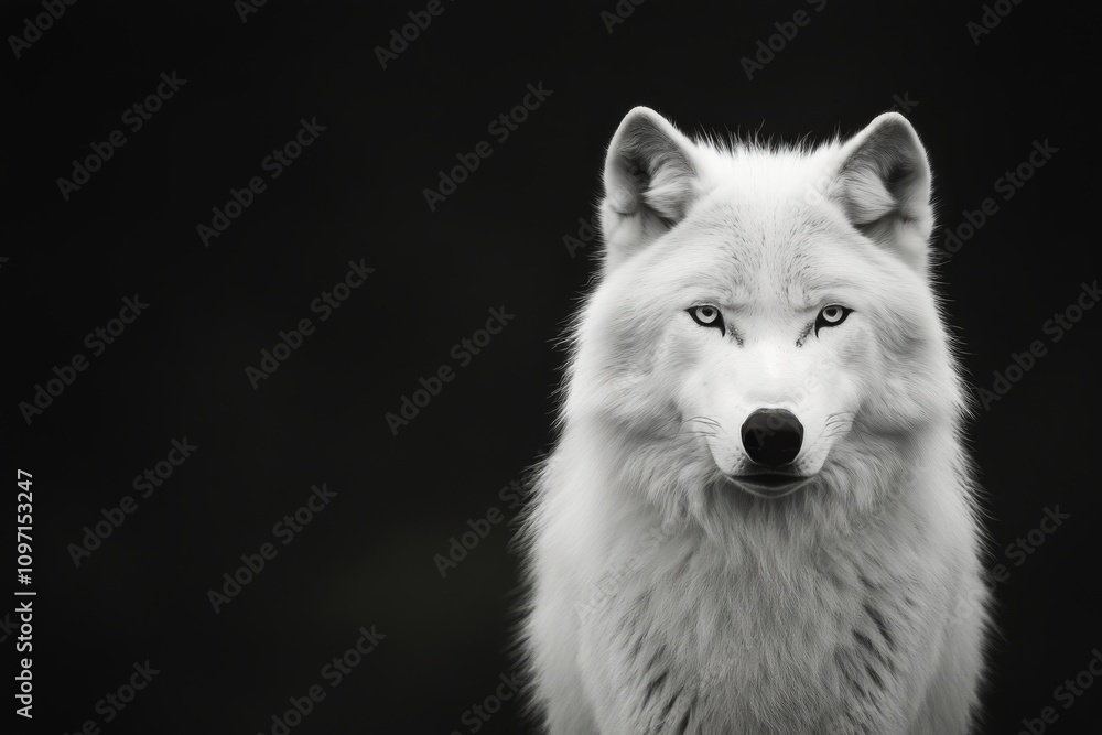 Majestic white wolf with striking blue eyes against a dark background