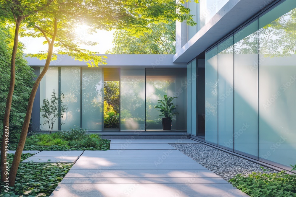 Modern style house front with frosted glass panels and a hidden garden courtyard, bright sunny day. Modern style house front with frosted glass panels and a hidden garden courtyard, bright sunny day.