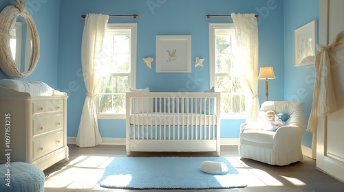 Elegant Blue Nursery Room with Crib and Natural Sunlight Streaming Through Large Windows : Generative AI