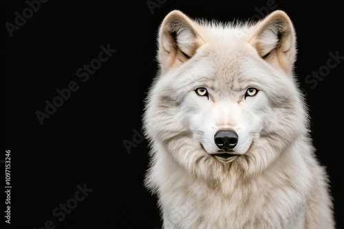 Majestic white wolf with striking blue eyes against a dark background