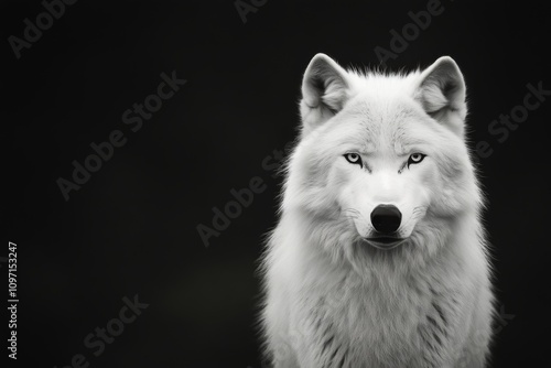 Obraz na płótnie Majestic white wolf with striking blue eyes against a dark background w salonie