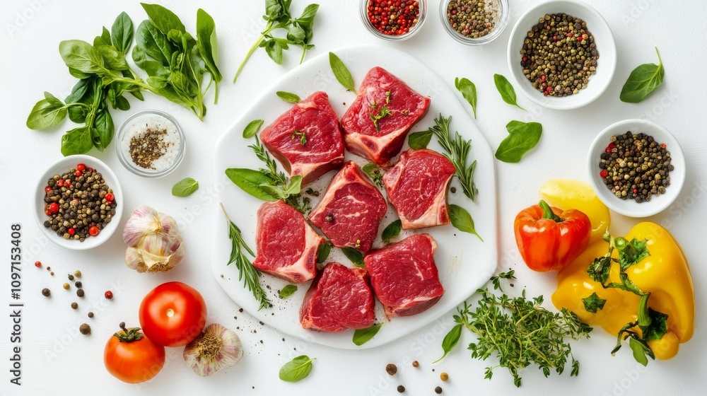 Fresh cuts of meat arranged with herbs and vegetables on a white background Fresh cuts of meat arranged with herbs and vegetables on a white background