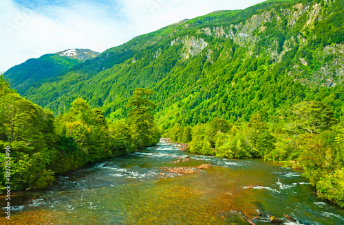 Simpson river National Reserve, a national reserve of southern Chile's Aysen Region with waterfalls, rushing rivers, wooded mountains and verdant forests located along Simpson River.