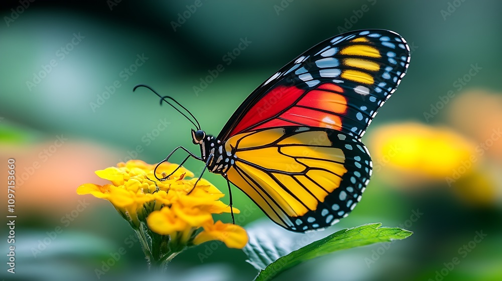 Macro Shot of Monarch Butterfly on Flower with Green Lush Background : Generative AI Macro Shot of Monarch Butterfly on Flower with Green Lush Background : Generative AI