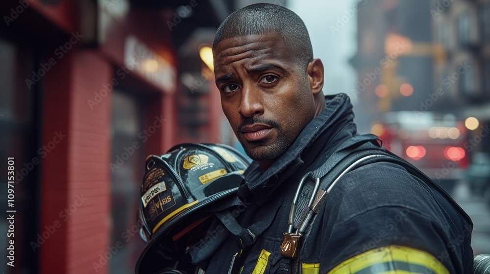 A firefighter stands confidently on a city street, ready for action amidst a smoky backdrop. A firefighter stands confidently on a city street, ready for action amidst a smoky backdrop.