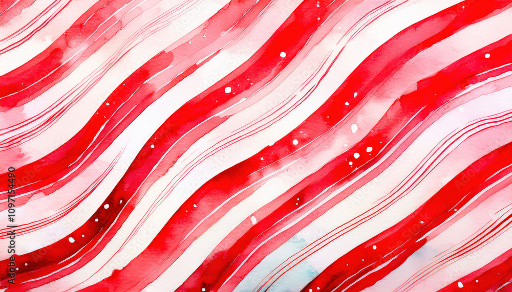 A playful watercolor background featuring diagonal red and white stripes, reminiscent of candy canes, creating a festive and cheerful atmosphere, perfect for holiday designs. A playful watercolor background featuring diagonal red and white stripes, reminiscent of candy canes, creating a festive and cheerful atmosphere, perfect for holiday designs.