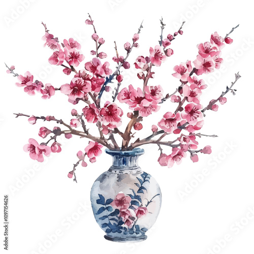 A watercolor drawing of Plum Blossom Vase, isolated on a white background. Plum Blossom vector.