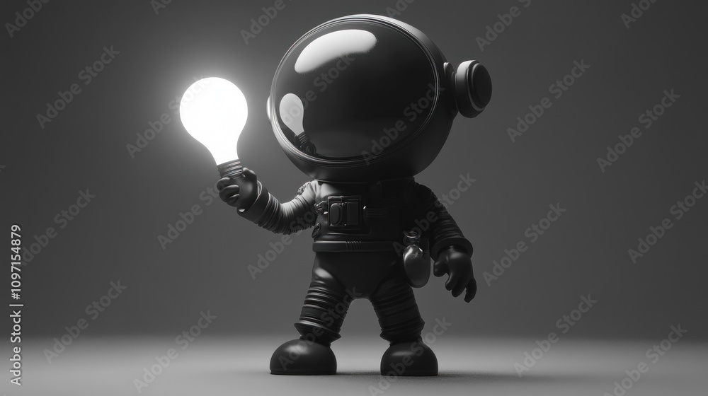 A stylized astronaut holding a glowing light bulb in a minimalist setting. A stylized astronaut holding a glowing light bulb in a minimalist setting.