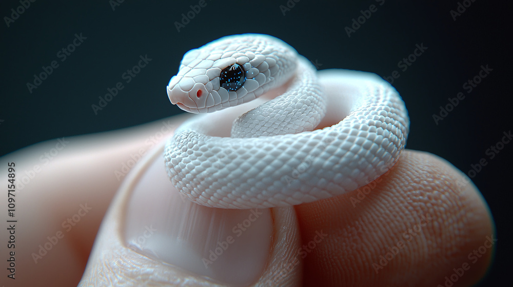 Fototapeta premium Tiny White Snake Held in Human Fingers