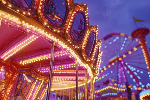 A vibrant carnival scene featuring a carousel and a Ferris wheel, illuminated at dusk.