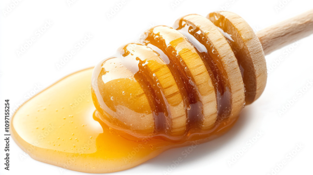 Organic Honey with wooden dipper against white Organic Honey with wooden dipper against white