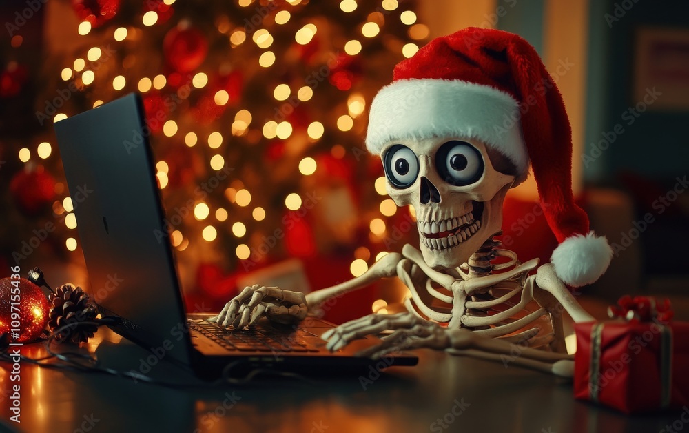 skeleton in santa hat at the computer laptop sit on the table and working christmas skeleton in santa hat at the computer laptop sit on the table and working christmas