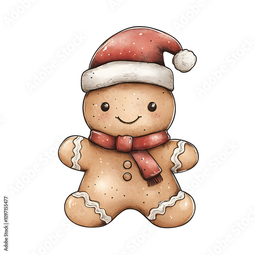 Cartoon Christmas gingerbread man with Cgristmas red hat illustration on white background  photo